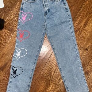 PLAYBOY High Rise Blue and Pink Jeans with Heart Designs